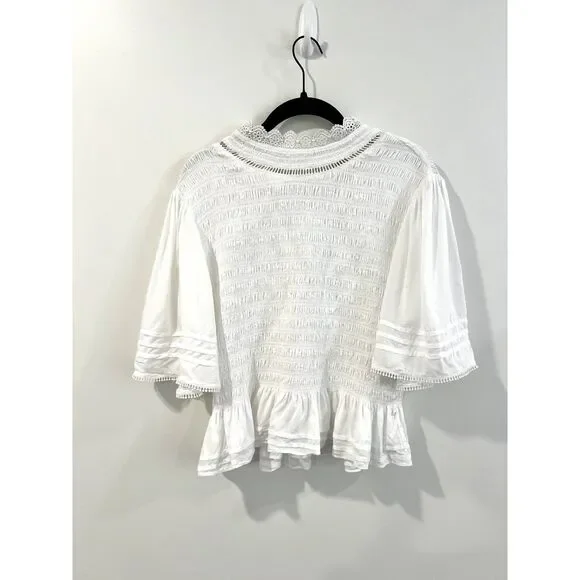 Soft Surroundings Smocked Flutter Sleeve Blouse Ruffle Lace - Picture 1 of 10